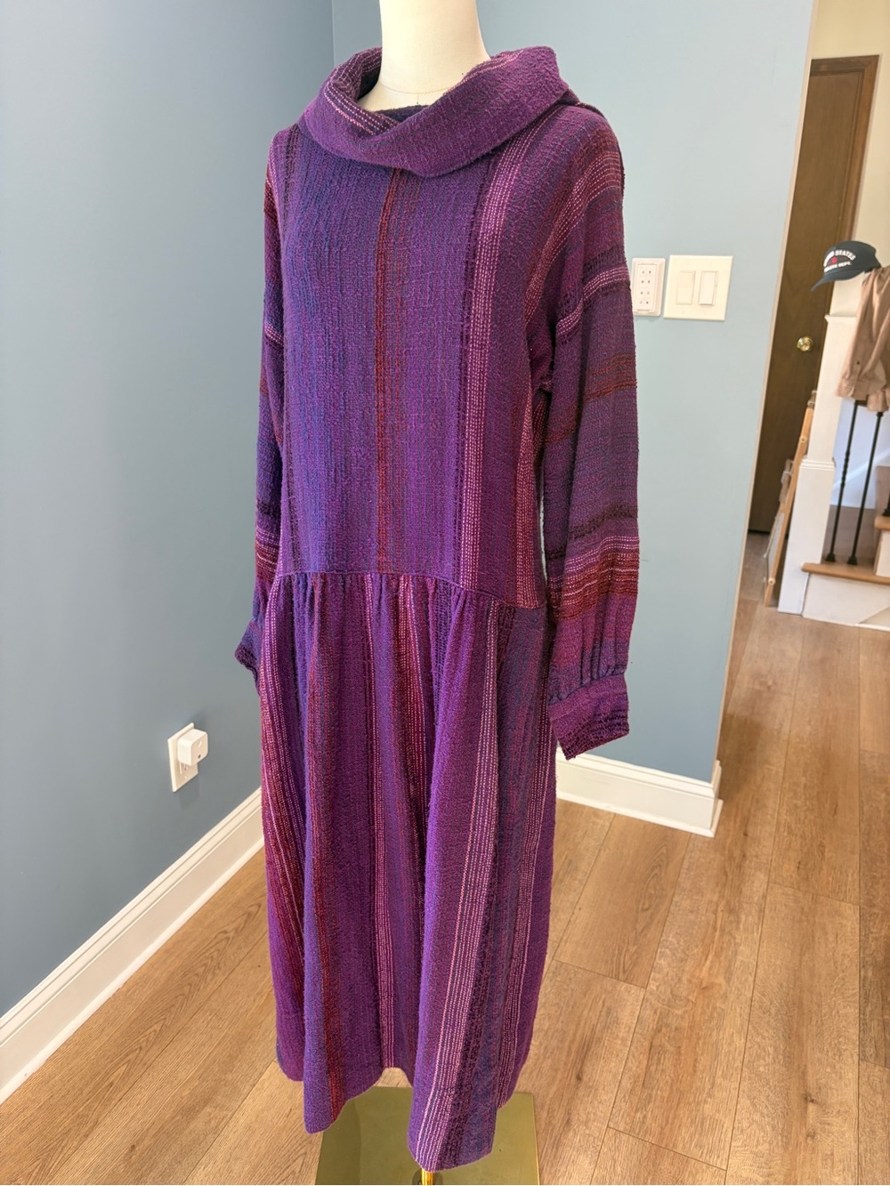 Marianne Purple Woven Stripe Cowl Neck Drop Waist Midi Sweater Dress Boho - Picture 2 of 9